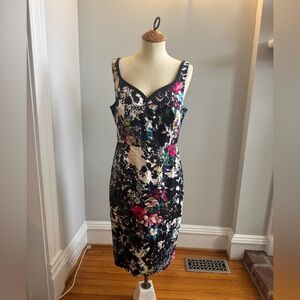 Anthropologie Black Floral Midi Dress with Pink & Blue Accents